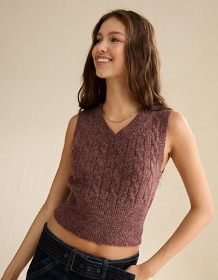AE Cropped Cable Knit Sweater Vest - Burgundy
