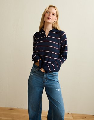 AE Oversized Button Up Sweater Polo - Navy