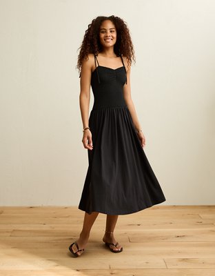 AE Sweetheart-Neck Tie-Strap Midi Dress - Black