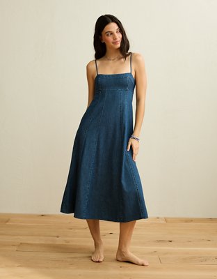 AE Sweetheart Neck Babydoll Midi Dress - Dark Wash