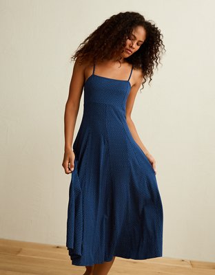 AE Knit Tie-Back Godet Midi Dress - Navy