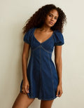 AE Puff Sleeve Denim Mini Dress - Dark Wash