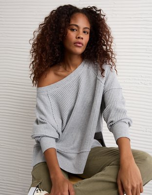 AE Big Hug Off-the-Shoulder Waffle Sweatshirt - Smoked Gray
