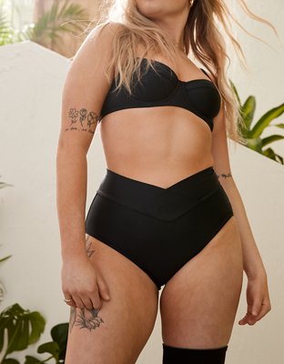 Aerie High Rise Full Coverage Crossover Bikini Bottom - True Black