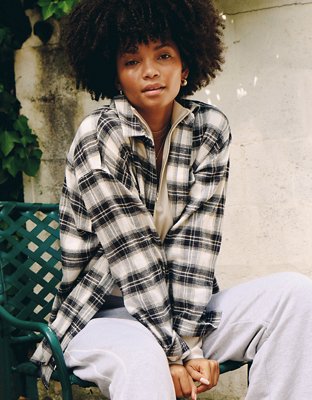 Aerie Anytime Fave Flannel Oversized Shirt - Smoked Gray