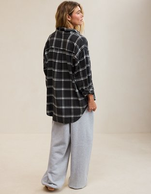 Aerie Anytime Fave Flannel Oversized Shirt - Grey Shadow