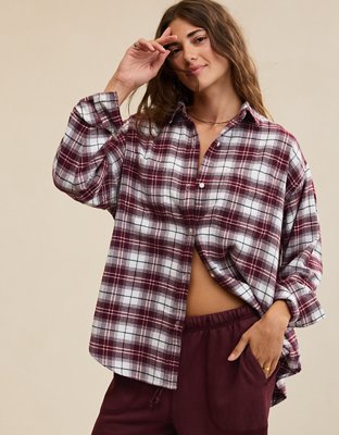 Aerie Anytime Fave Flannel Oversized Shirt - Deep Ruby