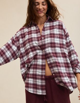 Aerie Anytime Fave Flannel Oversized Shirt - Deep Ruby