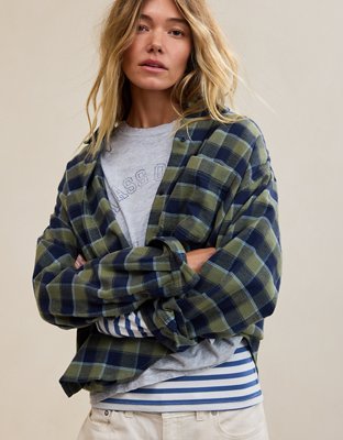 Aerie Anytime Fave Flannel Oversized Shirt - Olive Fun