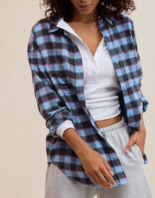 Aerie Anytime Fave Flannel Oversized Shirt - Horizon Sky