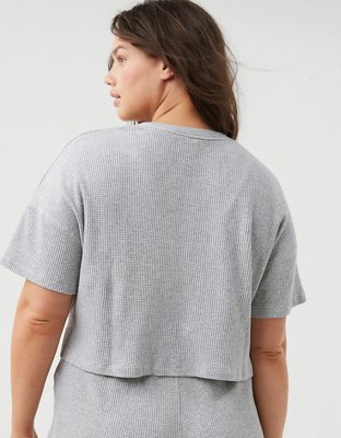 OFFLINE By Aerie Wow! Waffle Cropped Henley Short Sleeve T-Shirt - Medium Heather Gray