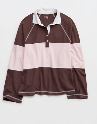 OFFLINE By Aerie Long Sleeve Pique Striped Rugby T-Shirt - Pink Petal