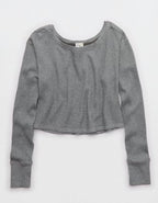 OFFLINE By Aerie Wow! Waffle Long Sleeve Off The Shoulder T-Shirt - Dark Heather Gray
