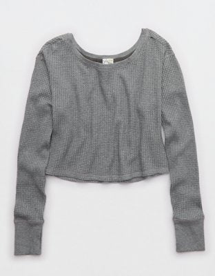 OFFLINE By Aerie Wow! Waffle Long Sleeve Off The Shoulder T-Shirt - Dark Heather Gray