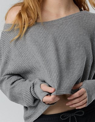 OFFLINE By Aerie Wow! Waffle Long Sleeve Off The Shoulder T-Shirt - Dark Heather Gray