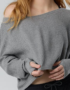 OFFLINE By Aerie Wow! Waffle Long Sleeve Off The Shoulder T-Shirt - Dark Heather Gray