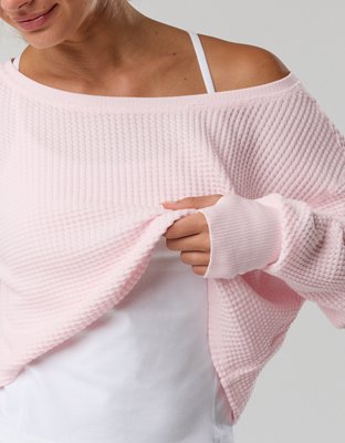OFFLINE By Aerie Wow! Waffle Long Sleeve Off The Shoulder T-Shirt - Pink Petal