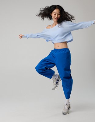 OFFLINE By Aerie Wow! Waffle Long Sleeve Off The Shoulder T-Shirt - Eyelet Blue