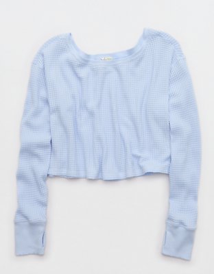 OFFLINE By Aerie Wow! Waffle Long Sleeve Off The Shoulder T-Shirt - Eyelet Blue