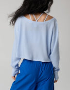 OFFLINE By Aerie Wow! Waffle Long Sleeve Off The Shoulder T-Shirt - Eyelet Blue