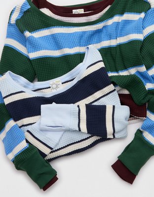 OFFLINE By Aerie Wow! Waffle Long Sleeve Off The Shoulder T-Shirt - Royal Berry