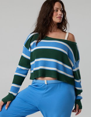 OFFLINE By Aerie Wow! Waffle Long Sleeve Off The Shoulder T-Shirt - Rugged Green