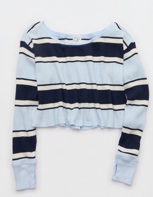 OFFLINE By Aerie Wow! Waffle Long Sleeve Off The Shoulder T-Shirt - Royal Navy