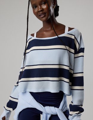 OFFLINE By Aerie Wow! Waffle Long Sleeve Off The Shoulder T-Shirt - Royal Navy