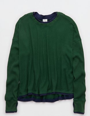 OFFLINE By Aerie Wow! Waffle Layered Long Sleeve T-Shirt - Rugged Green