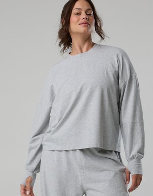 OFFLINE By Aerie OG Cotton Crewneck Long Sleeve T-Shirt - Medium Heather Gray