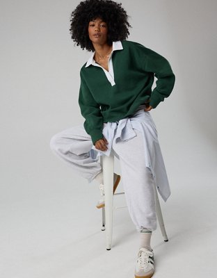OFFLINE By Aerie Cloud Fleece Polo Sweatshirt - Rugged Green