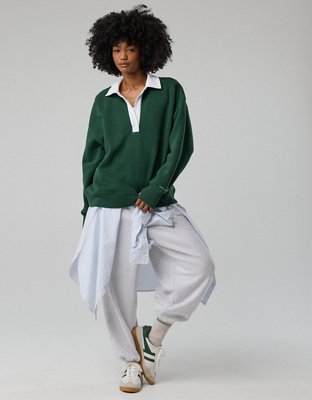 OFFLINE By Aerie Cloud Fleece Polo Sweatshirt - Rugged Green