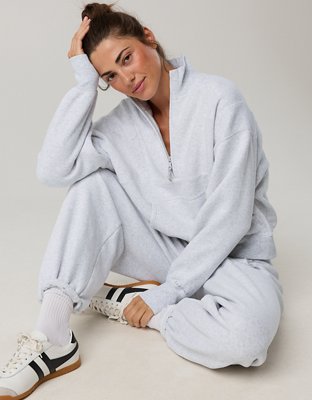 OFFLINE By Aerie Cloud Fleece Seamed Quarter Zip Sweatshirt - Light Heather Gray