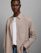 AE77 Premium Relaxed Striped Poplin Button-Up Shirt - Khaki