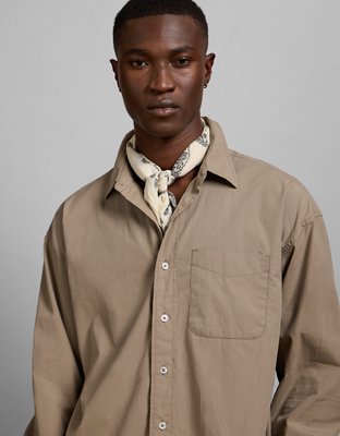 AE77 Premium Relaxed Striped Poplin Button-Up Shirt - Taupe
