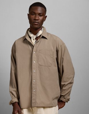 AE77 Premium Relaxed Striped Poplin Button-Up Shirt - Taupe