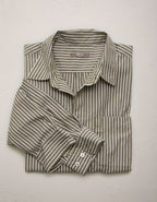 AE77 Premium Relaxed Striped Poplin Button-Up Shirt - Olive