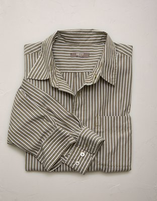 AE77 Premium Relaxed Striped Poplin Button-Up Shirt - Olive