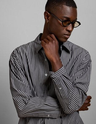 AE77 Premium Relaxed Striped Poplin Button-Up Shirt - Navy