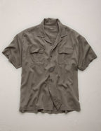 AE77 Premium Relaxed Short-Sleeve Button-Up Shirt - Olive