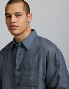 AE77 Premium Relaxed Linen Button-Up Shirt - Blue