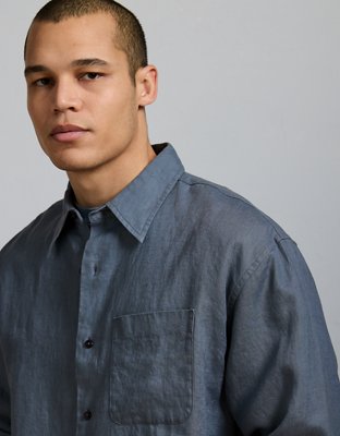 AE77 Premium Relaxed Linen Button-Up Shirt - Blue