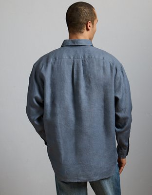 AE77 Premium Relaxed Linen Button-Up Shirt - Blue