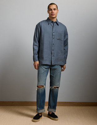 AE77 Premium Relaxed Linen Button-Up Shirt - Blue