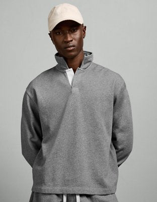 AE77 Garment-Washed Long-Sleeve Utility Polo Shirt - Heather Gray