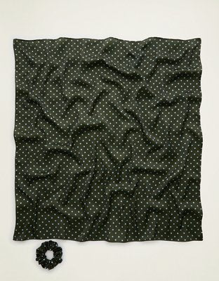 Aerie Satin Headscarf and Scrunchie - Festive Olive