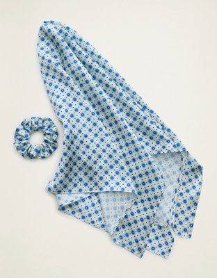Aerie Satin Headscarf and Scrunchie - Green Sheen