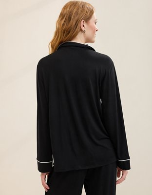 OVERSLEPT by Aerie Real Soft® Piping Long Sleeve PJ Top - True Black