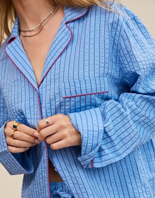 OVERSLEPT by Aerie Seersucker Long Sleeve Shirt - Horizon Sky