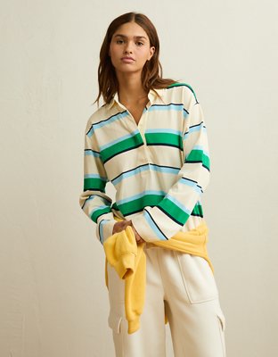 AE Long-Sleeve Striped Rugby Polo Shirt - Green